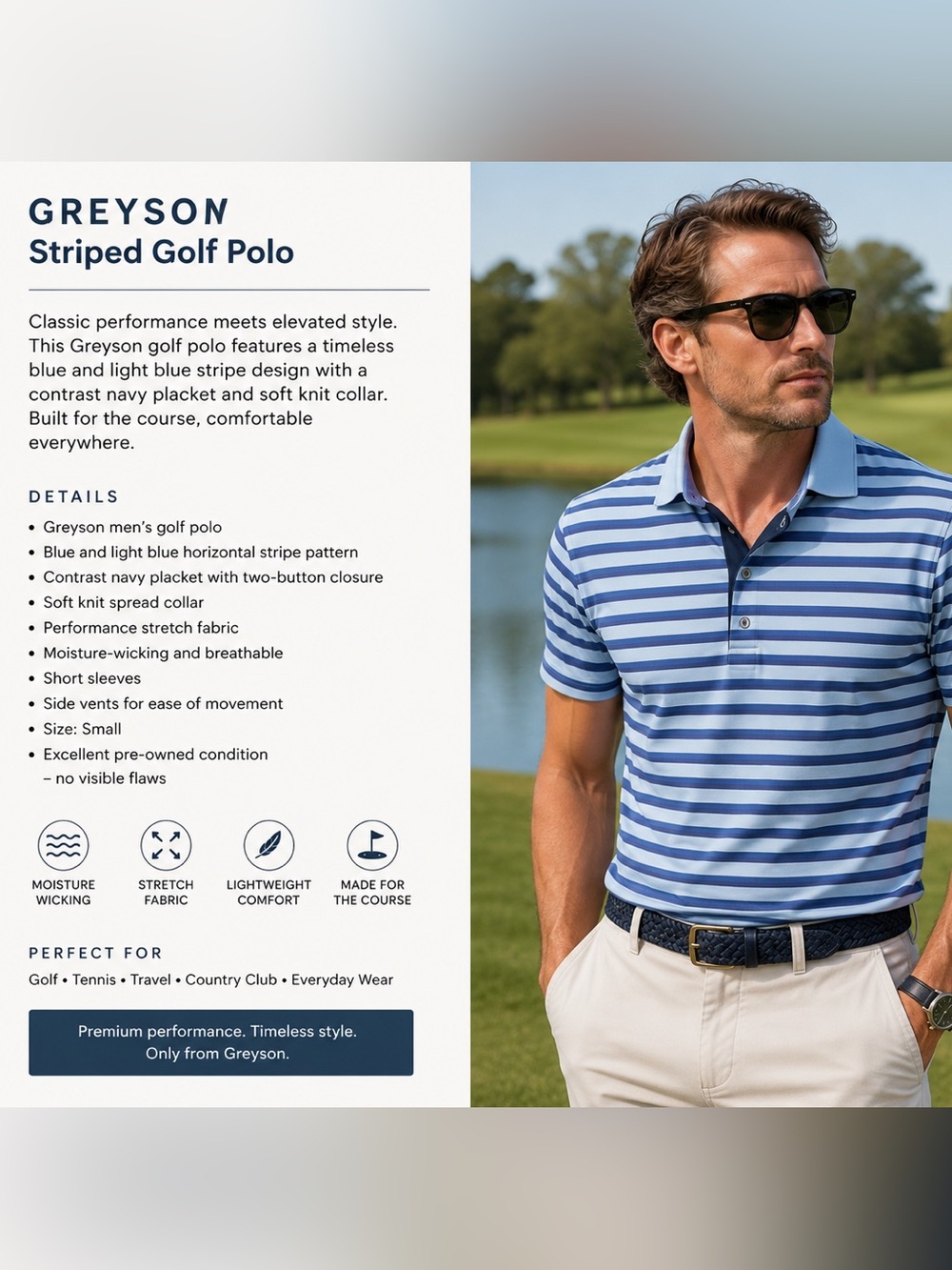 Greyson Men's Blue Striped Golf Polo Size Small